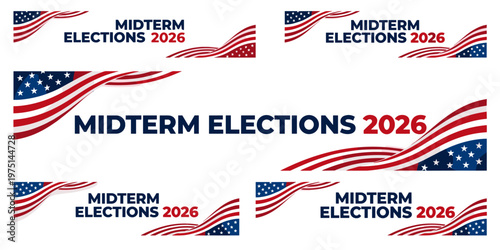 Collage of banners for midterm elections 2026 with patriotic waving flag element