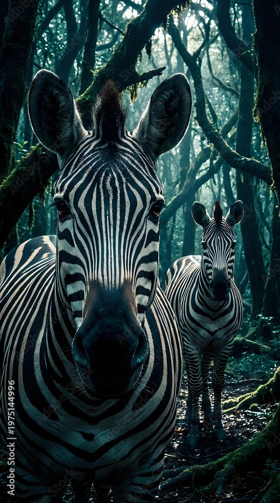 Naklejka premium Zebra family in mystical forest with dramatic lighting and shadows creating enchanting wildlife scene for nature photography and animal themed designs.