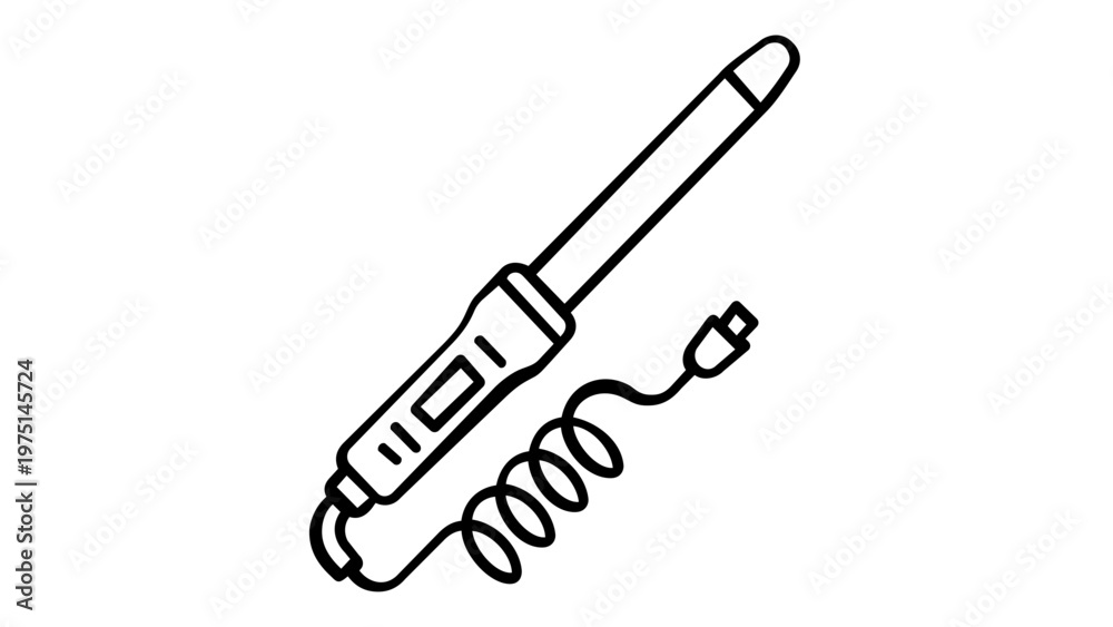 Obraz premium Professional curling iron line icon vector illustration for hair styling and beauty care. Minimalist black and white graphic of a hair curler wand with a coiled power cord and USB plug.