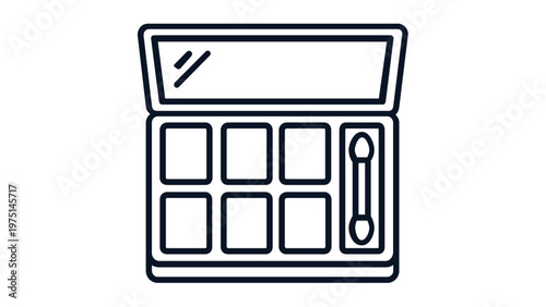 Minimalist vector icon illustration of a makeup eyeshadow palette featuring a compact mirror and applicator brush. Scalable flat line art design for beauty, cosmetics, and fashion branding.