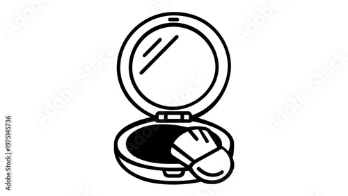 Minimalist eye shadow palette line icon illustration. Scalable vector graphic of a makeup compact featuring a mirror and brush. Perfect flat design for beauty, cosmetics, and fashion branding.