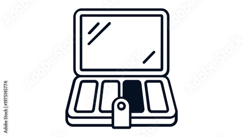 Open compact mirror and makeup palette vector icon illustration. Minimalist black line art design of a cosmetic case with mirror and eyeshadow compartments for beauty and fashion branding.