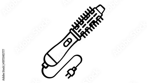 Professional hair curling iron and hot air brush line icon vector illustration. Minimalist flat design of a beauty styling tool for hair care, salon equipment, and cosmetic branding.