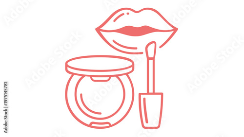 Minimalist vector icon illustration of beauty cosmetics including luscious lips, a makeup compact powder case, and a lip gloss applicator wand, perfect for salon, spa, and fashion branding.