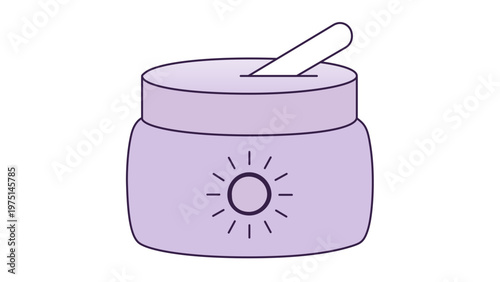Minimalist vector illustration of a cosmetic cream jar with a sun icon and applicator spatula, ideal for skincare, beauty, and sun protection product design, flat line art icon, scalable.