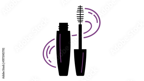 Mascara vector icon illustration featuring a black silhouette of an eyelash brush and bottle with elegant purple swirls. Flat minimalist scalable AI-generated graphic for beauty and cosmetics.