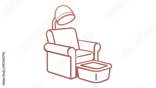 Minimalist beauty salon chair with overhead hair dryer hood and footrest line icon vector illustration. Professional equipment for spa, hair styling, and pedicure services. Scalable AI-generated.