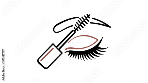 Mascara wand and eye with long lashes vector icon illustration. Minimalist line art design for beauty salon, cosmetics branding, makeup application, fashion industry, and skincare services.