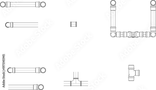 Technical engineering drawing showing various components of a balustrade system, including straight rails with finials, corner assemblies, and connection joints.