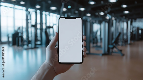 Hand holding smartphone with blank screen in modern gym interior