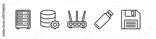 Networking and Data Storage Icon Set - Outline Vector Graphics of Server, Database, WiFi Router, USB Stick, and Floppy Disk for Computer Technology Concepts