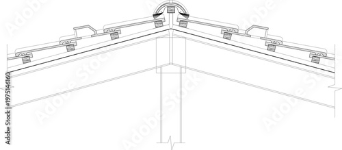 Technical architectural drawing showing a perspective view of a hip roof ridge corner featuring curved tiles, ridge caps, and structural support beams.