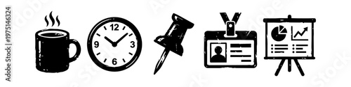 Minimalist Office and Business Icon Set: Grunge Coffee Mug, Clock, Pin, ID Badge, and Presentation Board Silhouette Collection for Corporate Workplace Graphics