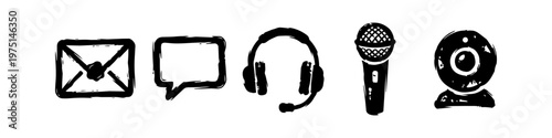 Hand-Drawn Black Ink Communication and Technology Icons Set - Envelope Chat Bubble Headset Microphone and Webcam for Digital Support Podcasting and Online Meetings