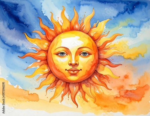 A vibrant, watercolor-style illustration of a smiling sun with human-like features radiating energy in a sky setting