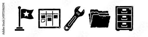 Black and White Hand-Drawn Office Icon Set Featuring Flag, Kanban Board, Wrench, Folder, and Filing Cabinet; Grunge Style Elements for Business Productivity and Project Management Concepts.