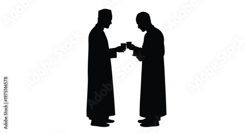 Two men in traditional clothing share a moment striking black silhouette