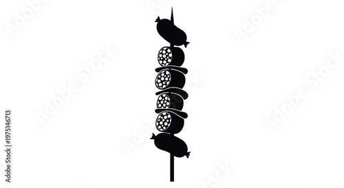 A black silhouette of a kebab skewer with meat and vegetables