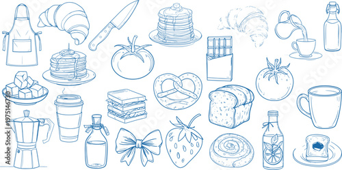 Hand drawn breakfast doodle elements set vector illustration with croissant, pancakes, coffee, bread, sandwich, pretzel, chocolate, tomato and kitchen outline icons