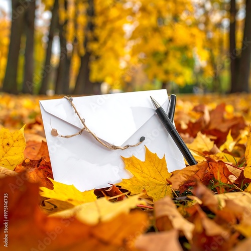 A white envelope and pen rest on golden autumn leaves in a park setting, with blurred trees in the background