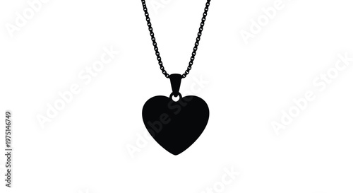 A striking black heart pendant necklace against a white backdrop silhouette
