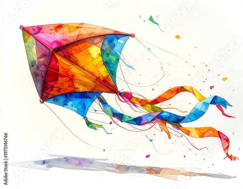 A vibrant, watercolor-style kite dances in the air. Its multi-colored diamond shape, complete with flowing ribbons, is delightful