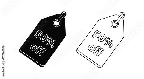 Two sale tags displaying discounts one filled and one outlined silhouette