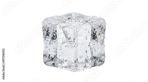 Crystal clear ice cube with water droplets, frozen square block, refreshing cold drink element isolated on Transparent Background