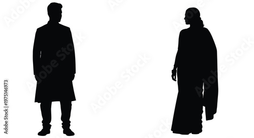 Couple in traditional attire standing against a white background silhouette