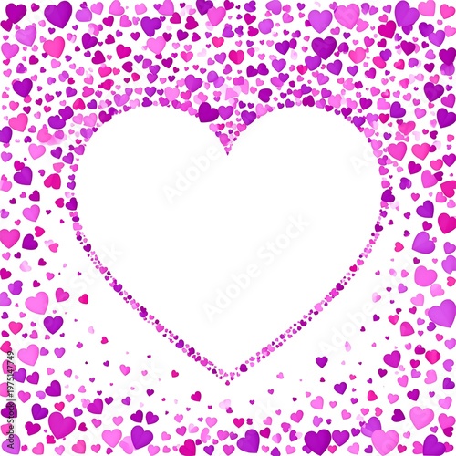 A white heart shape is at the center, surrounded by an array of various-sized pink and purple hearts