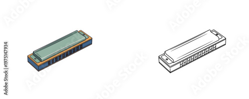 Mouth organ harmonica illustrations in colored cartoon and black line styles with metallic textures and blue accents used for blues or folk music on a white background