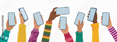 Diverse raised up hands holding mobile phones with empty blank screen. People using smartphone. Hand drawn vector illustration isolated on white background, modern flat cartoon style.