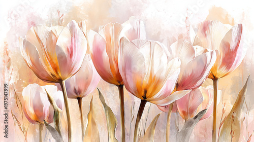 Wallpaper Mural watercolor botanical Tulip flower flowers texture template background.Elegant wedding invitation card background . Minimal hand painted Design for wedding or Valentine's Day Torontodigital.ca