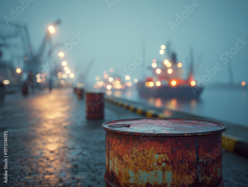 Rusted barrel on a wet cobblestone dock with blurred ship and harbor lights glowing in the misty evening atmosphere