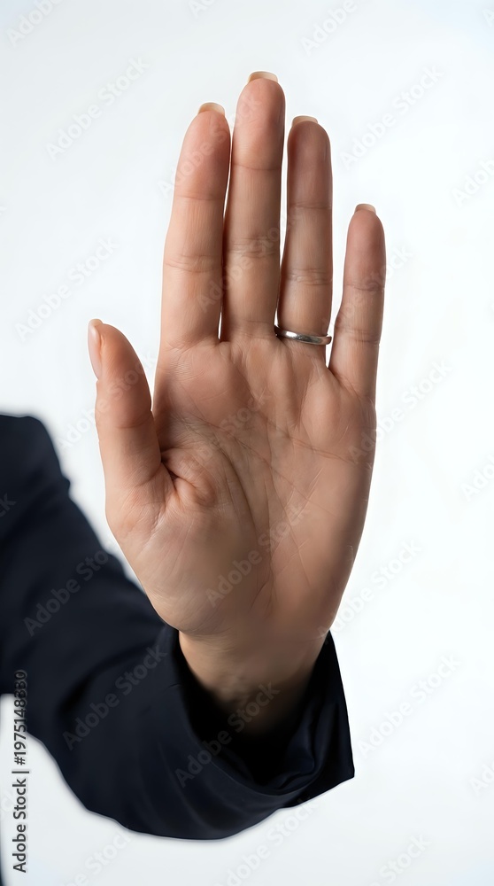 Obraz premium Open palm hand gesture showing stop sign with silver ring on finger against white background for communication and body language concepts.