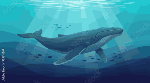 A majestic whale swims peacefully in the deep blue ocean, surrounded by fish. Sunbeams filter through the water. Ideal for nature, conservation, and educational themes.