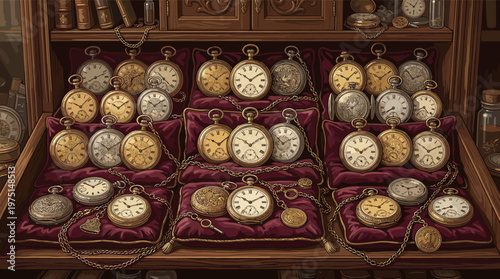 A detailed illustration of antique gold and silver pocket watches on red velvet. Perfect for concepts of time, history, luxury, craftsmanship, and timeless value.