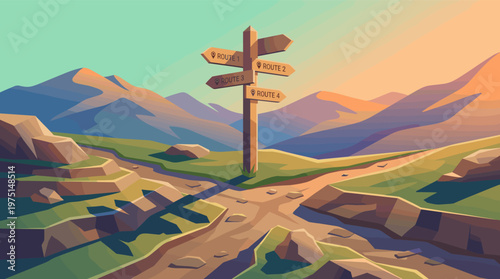 A vector illustration of a signpost at a mountain crossroads. Symbolizes choice, direction, and strategy for business or life decisions. Calm, adventurous mood.