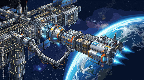 Detailed sci-fi illustration of a spaceship docking with a large orbital station above Earth. Futuristic concept for technology, exploration, and science fiction themes.