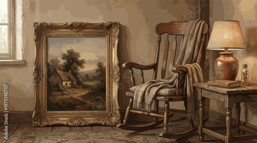 A warm and cozy rustic room interior illustration. A wooden rocking chair, vintage painting, and lamp create a nostalgic, peaceful mood. Perfect for home decor and comfort concepts.