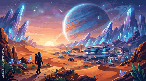 A stunning sci-fi illustration of an astronaut viewing a space colony on an alien planet with giant crystals and a ringed planet in the sky. Ideal for tech, gaming, or future concepts.