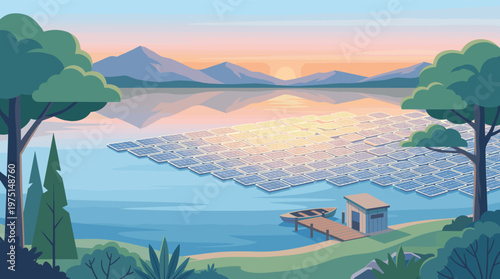 Vector illustration of a floating solar farm on a serene lake at sunset. Perfect for concepts of renewable energy, sustainability, and green technology.
