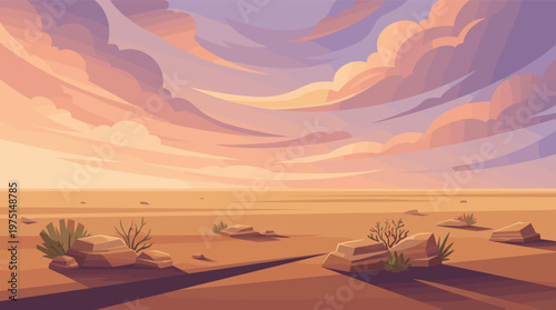 A serene illustration of a vast desert landscape at sunset. The warm, colorful sky and arid scenery evoke peace and solitude. Perfect for backgrounds, travel, or nature concepts.