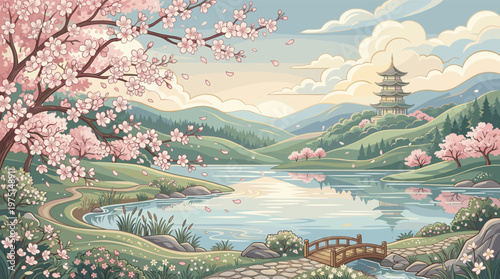 A serene Japanese landscape illustration with a blooming sakura tree, a tranquil lake, and a pagoda. Ideal for travel, nature, wellness, or cultural backgrounds.