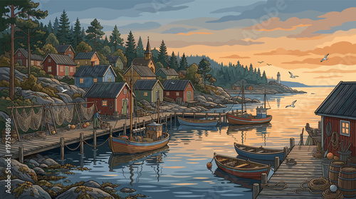 Stylized illustration of a peaceful Scandinavian fishing village at sunset. Boats rest in the calm harbor near wooden houses. Ideal for travel, culture, or storybook backgrounds.