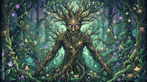 A detailed illustration of an ancient tree spirit in a magical forest. Glowing flowers and mushrooms create an enchanting, mystical atmosphere. Ideal for fantasy or spiritual themes.