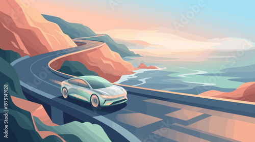 A futuristic electric car drives on a scenic coastal highway at sunrise. Vector illustration for technology, travel, and sustainable transport concepts. Modern, clean, and optimistic.