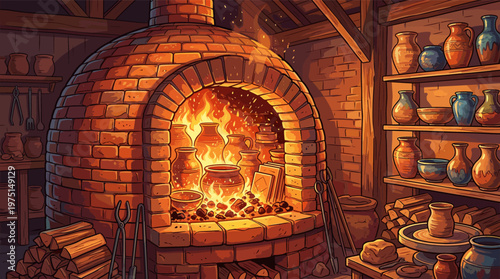 An illustration of a rustic pottery studio. A large brick kiln glows with fire, firing clay pots and vases. Shelves are filled with handmade ceramics. Warm, artisanal atmosphere.