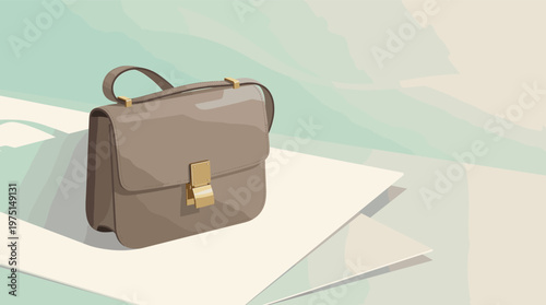 A stylish illustration of a classic brown satchel handbag with a gold buckle. Minimalist design on a pastel background. Perfect for fashion, beauty, or business concepts.