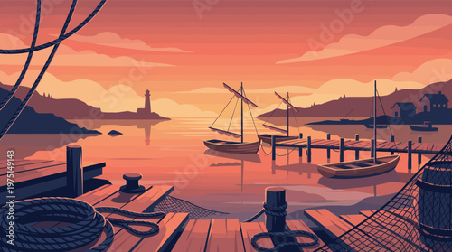 Vector illustration of a tranquil fishing harbor at sunset. Boats are docked at a wooden pier with a distant lighthouse. Peaceful mood for travel or background use.
